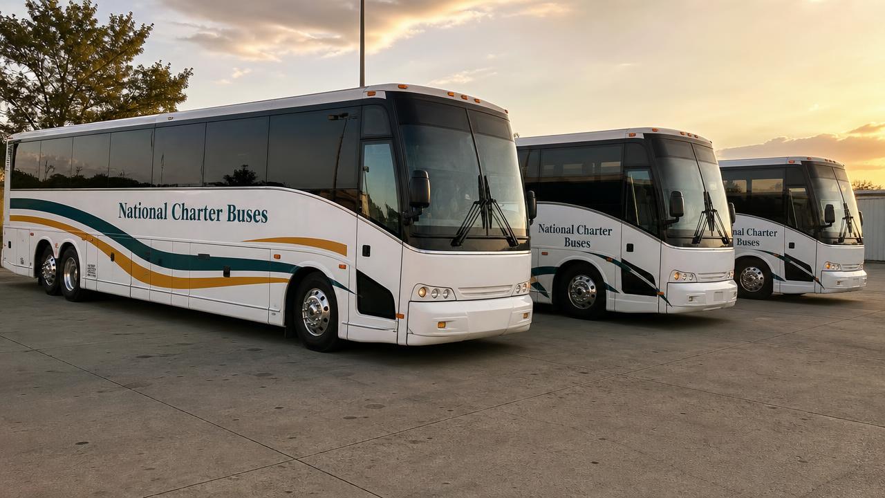 Row of National Charter Buses coaches at golden hour
